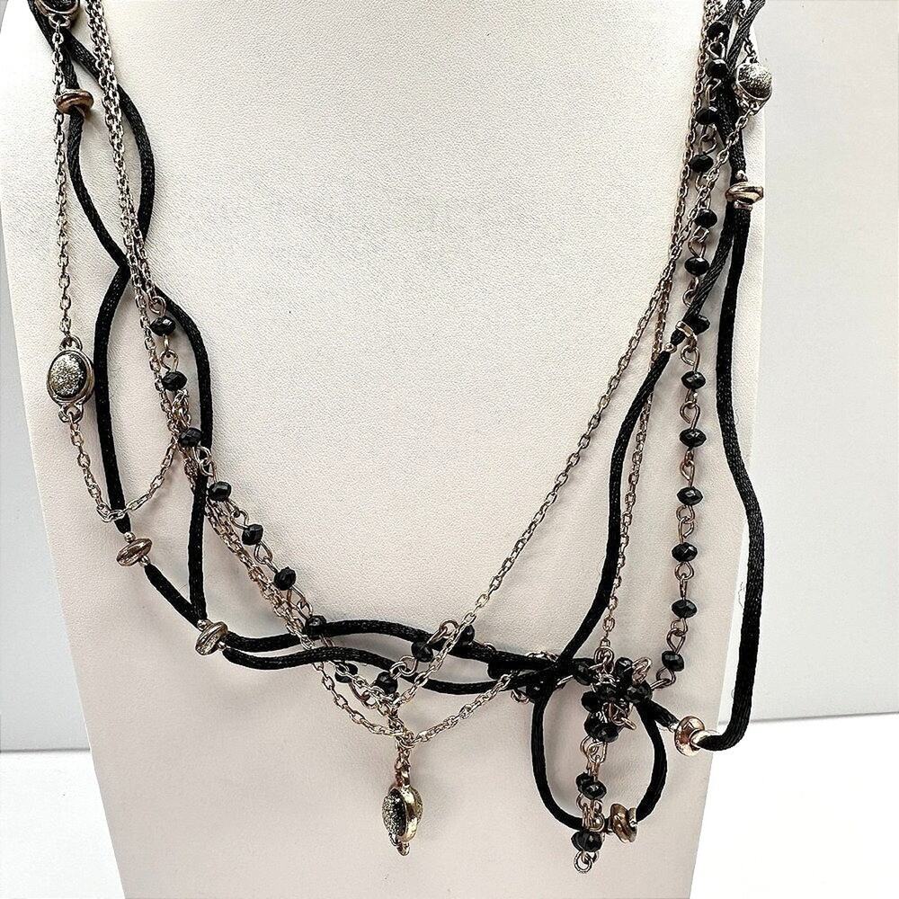Vintage 90s Multi Strand Beads Black Cord Necklace Gold Tone Women's Jewelry Y2K